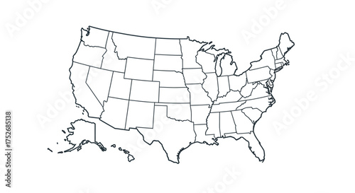 Outline map of the United States of America, showcasing all the states in a clean and simple design, perfect for educational or informational purposes