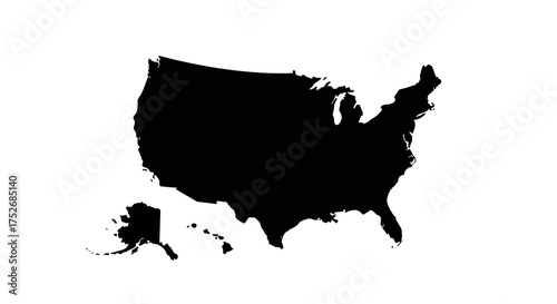 Vector map silhouette of the United States, encompassing its mainland, Alaska, and Hawaii, ideal for educational resources, geographical infographics, and graphic design projects