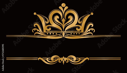 Lace frame Luxury Golden Crown Ornament on Black Background for label, Invitation card