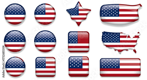 Collection of American Flag Icons in Various Shapes and Sizes Representing the United States of America