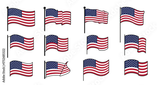 Diverse Illustrations of American Flags A Collection of Patriotic Vector Graphics for Design Projects