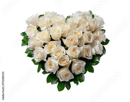 Heart shaped white rose arrangement on transparent background for romantic occasions or floral decorations