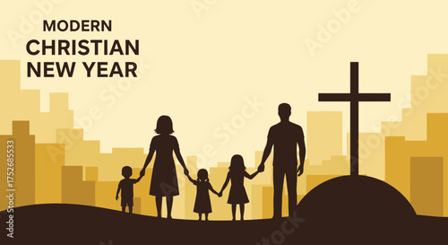 A silhouette of a Christian family holding hands in front of a cross, with a city skyline in the background symbolizing unity and faith