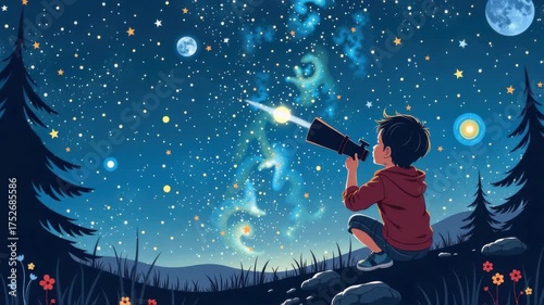 Child red hoodie sitting grassy hill night looking through telescope starry sky filled with glowing stars, bright moon, and colorful cosmic clouds surrounded by pine trees and flowers evoking wonder