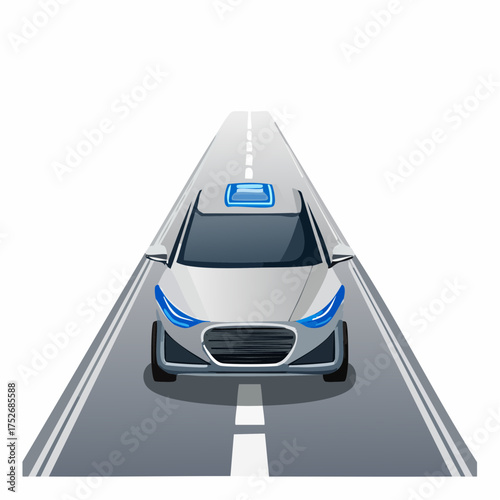 Autonomous electric vehicle driving on highway towards the viewer isolated