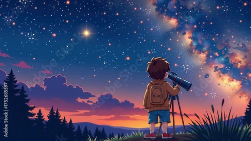 Child with backpack looks through telescope at starry night sky filled with bright stars colorful cosmic clouds and nebulae standing on grassy hill during sunset with pine trees nearby in nature
