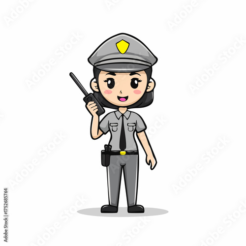 Cartoon policewoman holding radio communicator isolated illustration