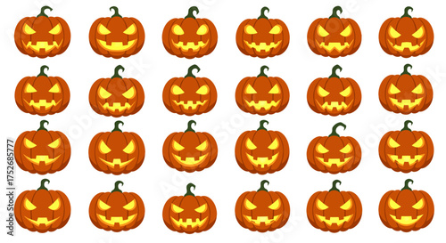 Happy Halloween Jack-o'-lanterns seamless pattern, spooky grinning faces on orange pumpkins for scary celebration
