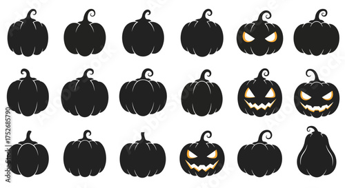 Set of various pumpkin shapes as black silhouettes, including scary Jack-o'-lanterns with glowing eyes for Halloween design