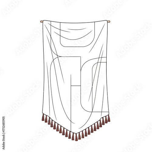 Vector art of line art illustration of a decorative textile banner or tapestry with abstract geometric shapes and tassels at the bottom, hanging from a rod