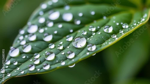 Water droplets on green leaf close up macro photography with natural light showing fresh nature texture and clear round drops reflecting environment in detailed close up