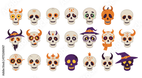 Collection of colorful cartoon skulls for Halloween and Day of the Dead celebrations, featuring witches, demons, and festive sugar skull designs