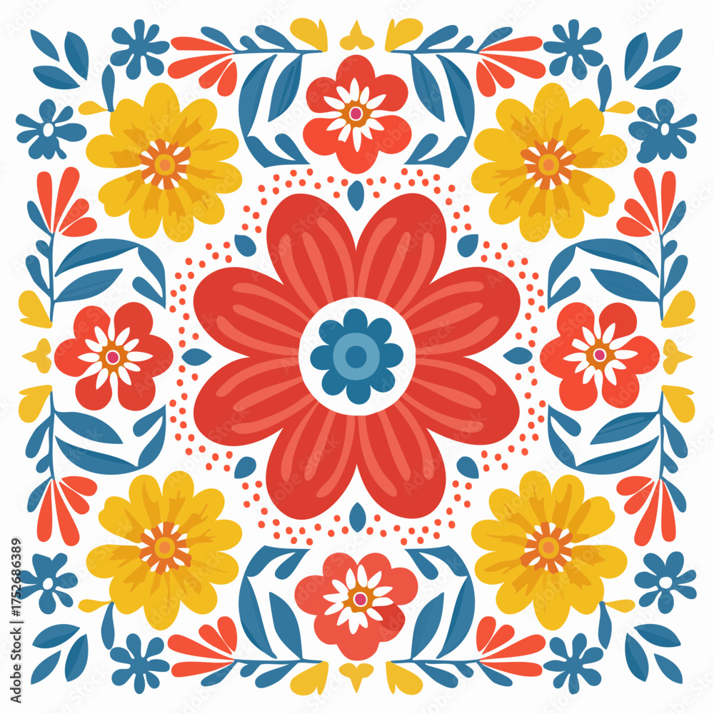 Fototapeta premium Colorful floral design with symmetrical pattern and decorative elements