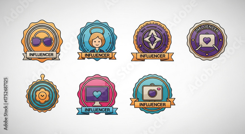 Set of vintage influencer badges collection of retro style social media marketing labels hand drawn vector illustration