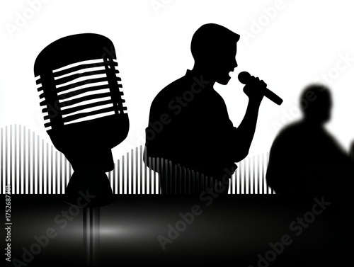 Silhouette of a Male Singer Holding Microphone on Stage With Retro Microphone Spotlight Isolated On White Background