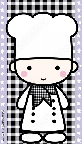 Cute Cartoon Chef Character Wearing White Toque and Black White Checkered Scarf