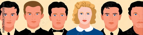 Pixel Art Style Portrait Of Five Men And One Woman With Formal Attire On A Beige Background