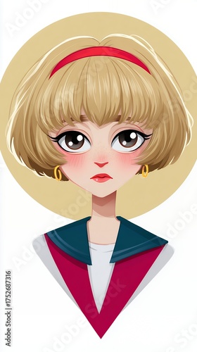 Pixel Art Portrait Of A Young Woman With Blond Bob Hair And Red Headband Wearing A School Uniform