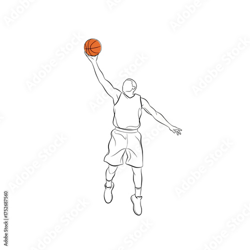 Vector art of a minimalist line drawing of a basketball player in midair, reaching up to shoot a basketball, with a clean