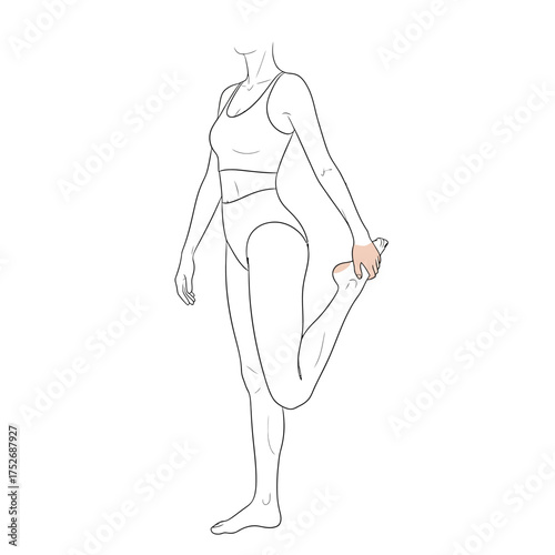 Vector art of line art illustration of a woman performing a quadriceps stretch