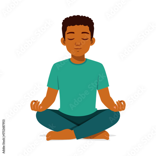 African American Man Meditating Sitting Cross Legged Eyes Closed Achieving Mindfulness and Harmony