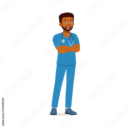 African American Male Doctor Standing with Arms Crossed Smiling in Blue Uniform