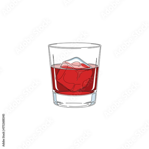 Vector art of a refreshing red cocktail with ice cubes in a clear glass, isolated on a, perfect for representing beverages, parties, and relaxation