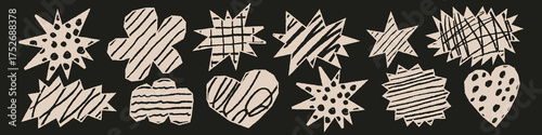 Newspaper clipping abstract shapes set. Naive kids collage silhouette with crayon texture, rough chalk strokes, pencil scribbles pattern. Collage paper stickers.	