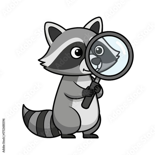 Cute cartoon raccoon holding a magnifying glass and looking through it with curiosity
