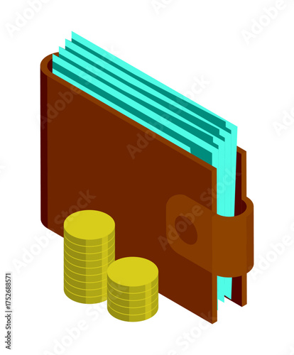 Isometric American dollar currency in the wallet. Cash, bank loan, cash in money case. Isolated cartoon vector on white background top view