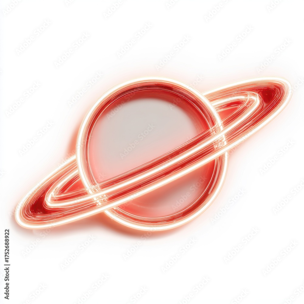 Naklejka premium Glowing Orange Neon Planet with Rings on White
