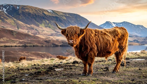 A Highland coo grazes with others near a loch & mountains, under an orange sunset