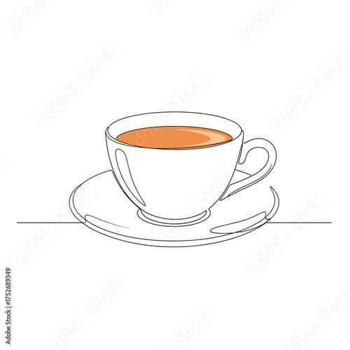 Vector art of a simple line drawing of a white teacup and saucer filled with a warm beverage, isolated on a, evoking a sense of comfort and a morning ritual, perfect for culinary or lifestyle themes