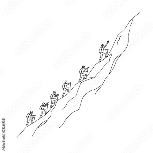 Vector art of a group of stick figures hiking up a steep mountain slope, each with backpacks and poles, representing perseverance, adventure, and reaching the summit, isolated on a