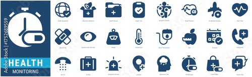 HEALTH MONITORING Icon Set containing  Health Assistance, Alternative Medicine, Health Record, Health Test, Symptom Checker, Blood Pressure icons. Glyph style icon collections.
