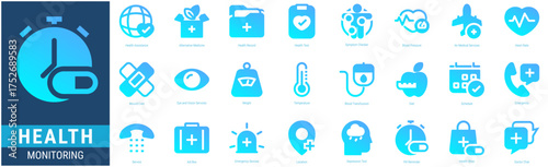 HEALTH MONITORING Icon Set containing  Health Assistance, Alternative Medicine, Health Record, Health Test, Symptom Checker, Blood Pressure icons. Glyph gradient style icon collections.