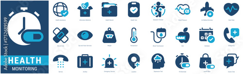 HEALTH MONITORING Icon Set containing  Health Assistance, Alternative Medicine, Health Record, Health Test, Symptom Checker, Blood Pressure icons. Glyph duo tone style icon collections.