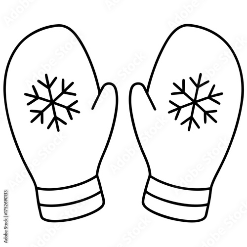 Clean line art illustration of christmas mittens with snowflakes