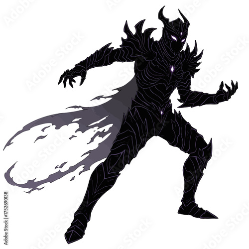 Vector art of a dark, menacing figure in ornate armor with glowing purple eyes and a flowing shadow cape, exuding an aura of power and mystery