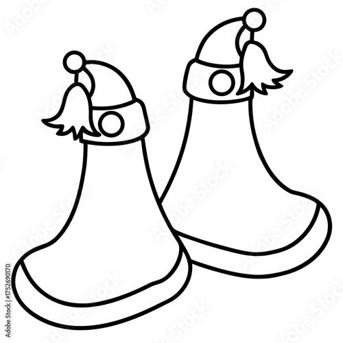 Simple line art illustration of whimsical elf shoes with bells