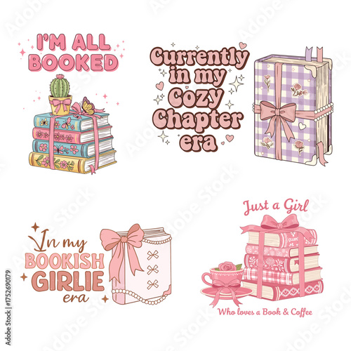 Cute watercolor illustrations of books and reading themed phrases for book lovers and cozy vibes