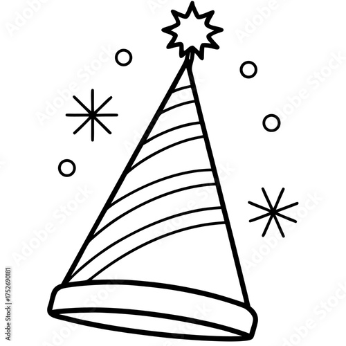Simple line art christmas party hat with sparkles