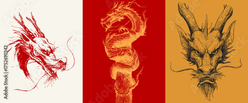 Dragon head in profile, coiled dragon on column, frontal dragon face. Detailed oriental ink line sketchy illustration set.