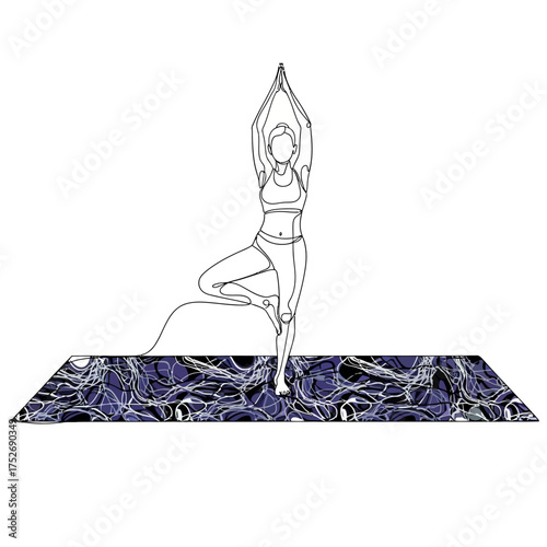 Vector art of a minimalist line art illustration of a woman performing the tree pose vrksasana in yoga, demonstrating balance, flexibility, and mindfulness