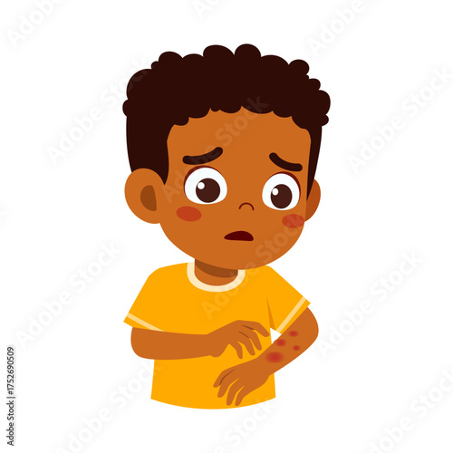 African Descent Boy Looking Anxious with Skin Rash on Arm with Concerned Expression