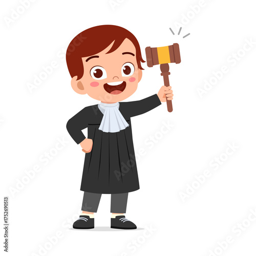 Happy Boy Judge Holding Gavel Smiling in Black Robe Cartoon Illustration on White Background