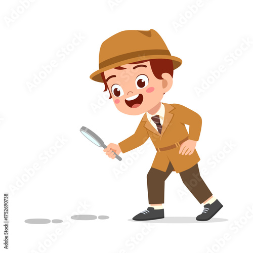 Happy Boy Detective Investigating Clues with Magnifying Glass Wearing Suit and Hat Illustration