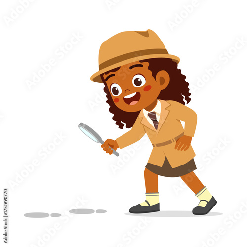 African detective girl using magnifying glass following clues in cartoon style illustration