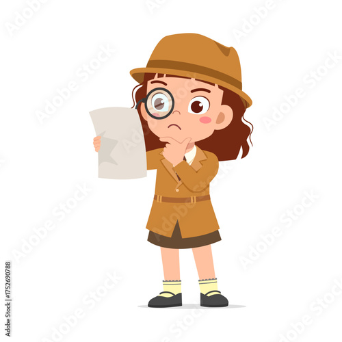 Little Girl Detective Looking at Map with Magnifying Glass and Confused Expression