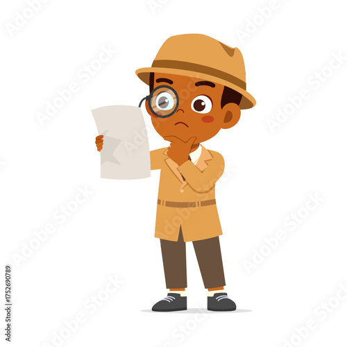 African American Boy Detective Holding a Magnifying Glass Looking at Paper in Confusion